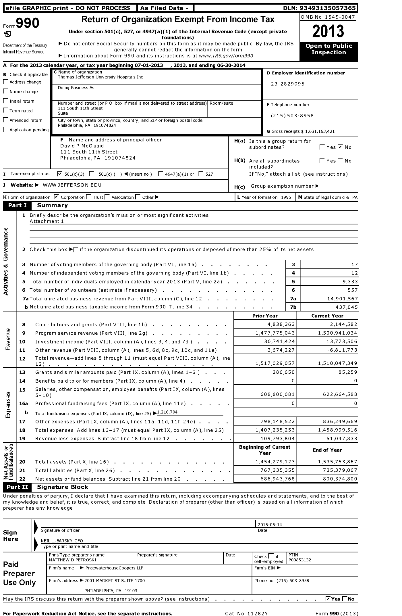 Image of first page of 2013 Form 990 for Thomas Jefferson University Hospital