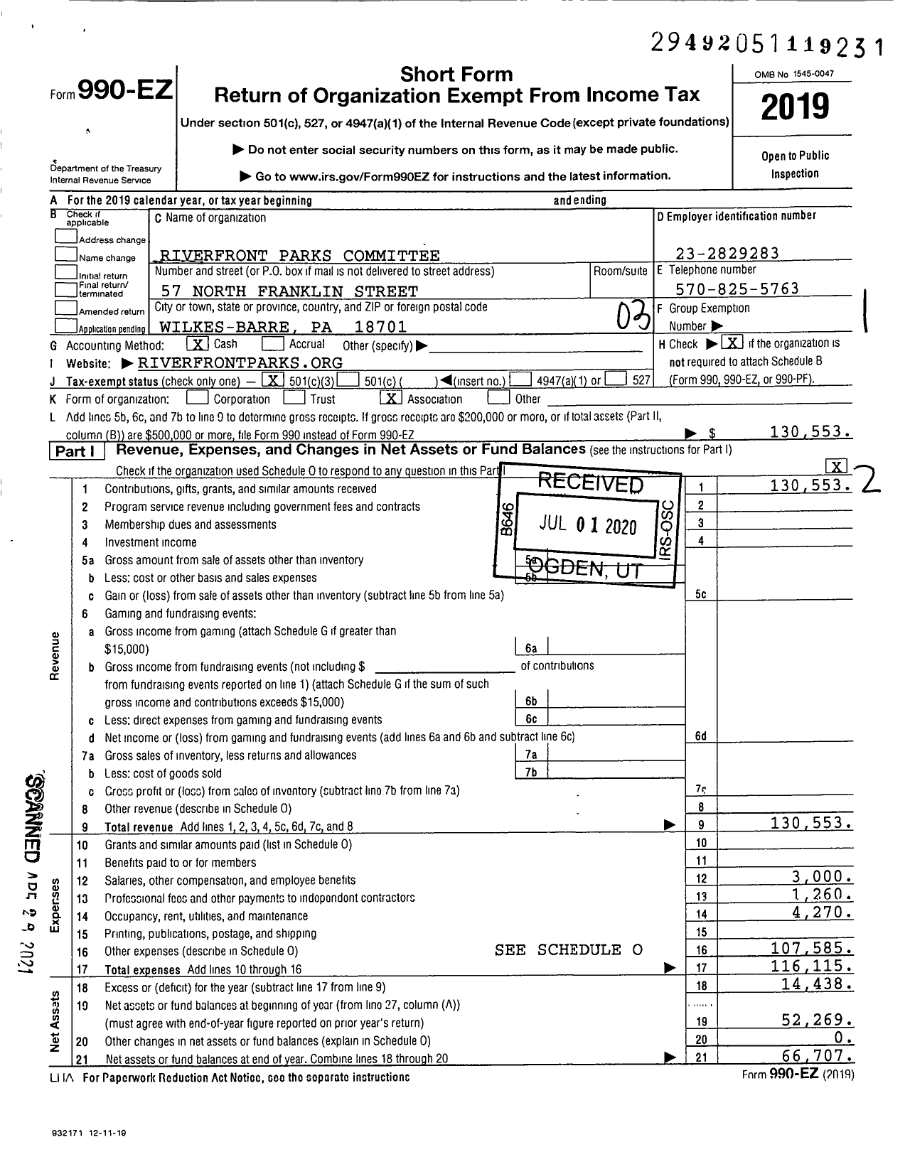 Image of first page of 2019 Form 990EZ for Riverfront Parks Committee