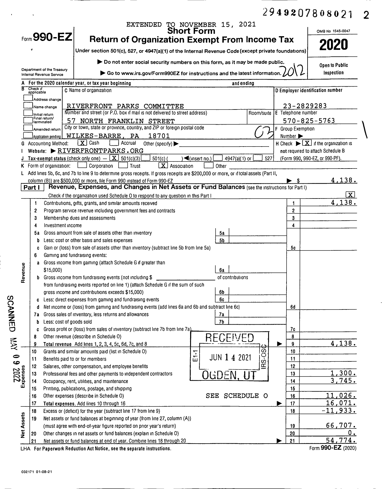 Image of first page of 2020 Form 990EZ for Riverfront Parks Committee