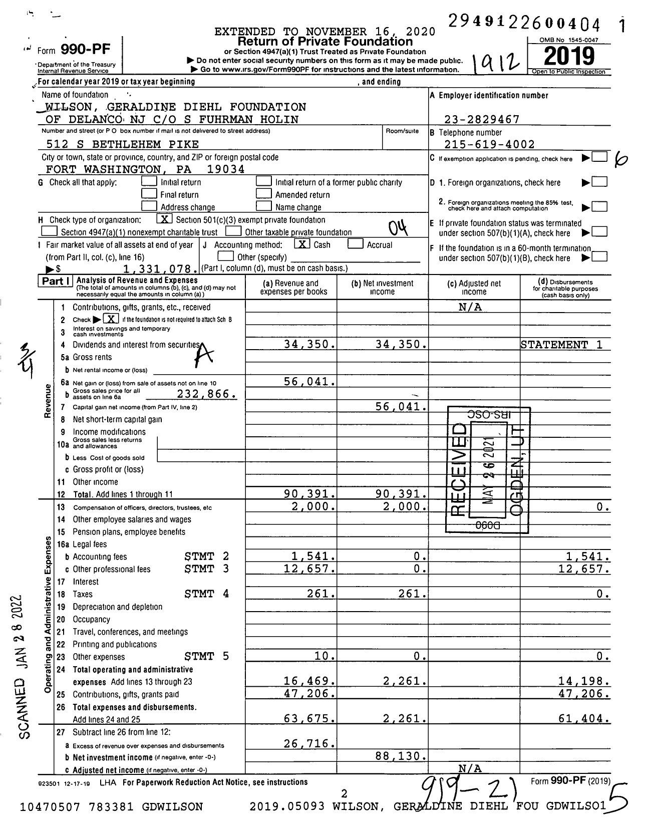 Image of first page of 2019 Form 990PF for Wilson Geraldine Diehl Foundation of Delanco NJ