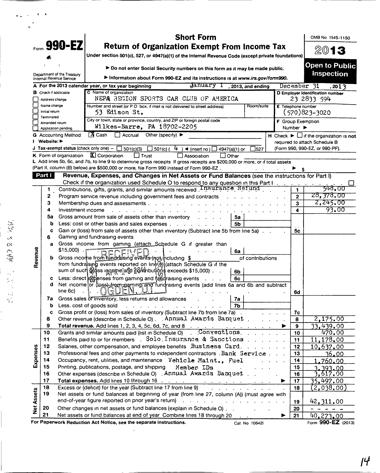 Image of first page of 2013 Form 990EO for Northeastern Pennsylvania Sports Car Club of America