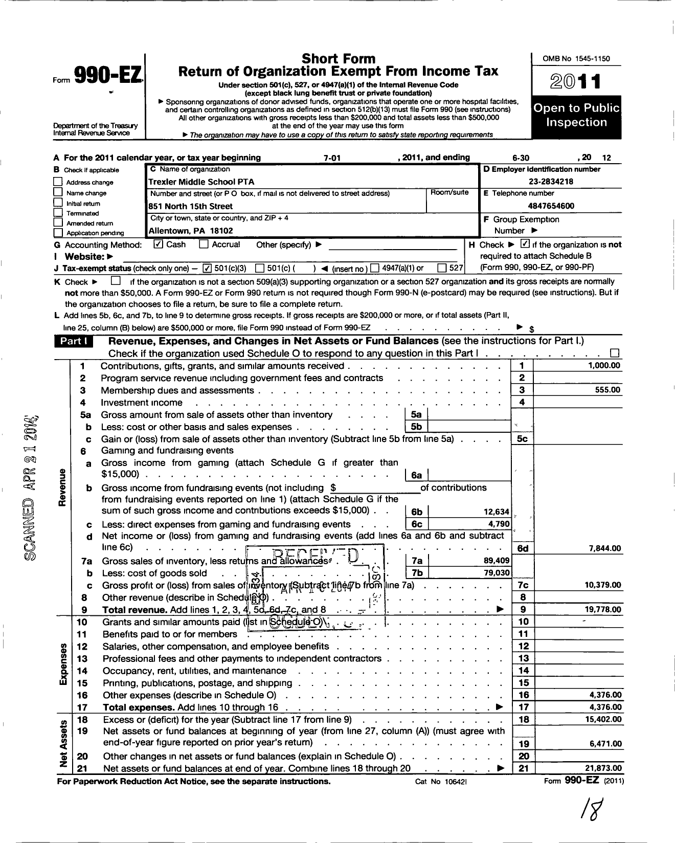 Image of first page of 2011 Form 990EZ for PTA Pennsylvania Congress / Trexler Middle School PTA