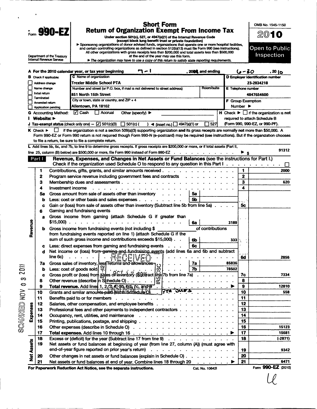 Image of first page of 2009 Form 990EZ for PTA Pennsylvania Congress / Trexler Middle School PTA