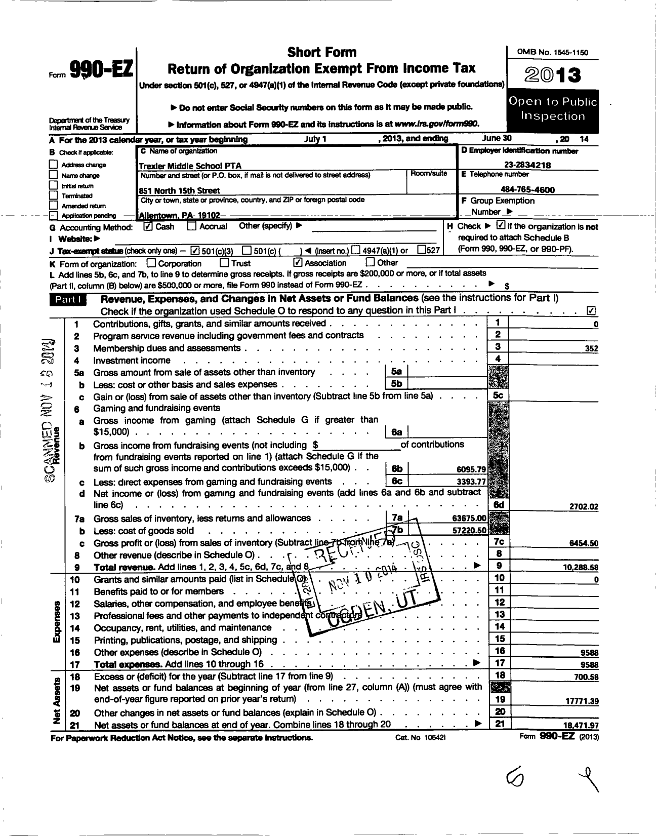 Image of first page of 2013 Form 990EZ for PTA Pennsylvania Congress / Trexler Middle School PTA