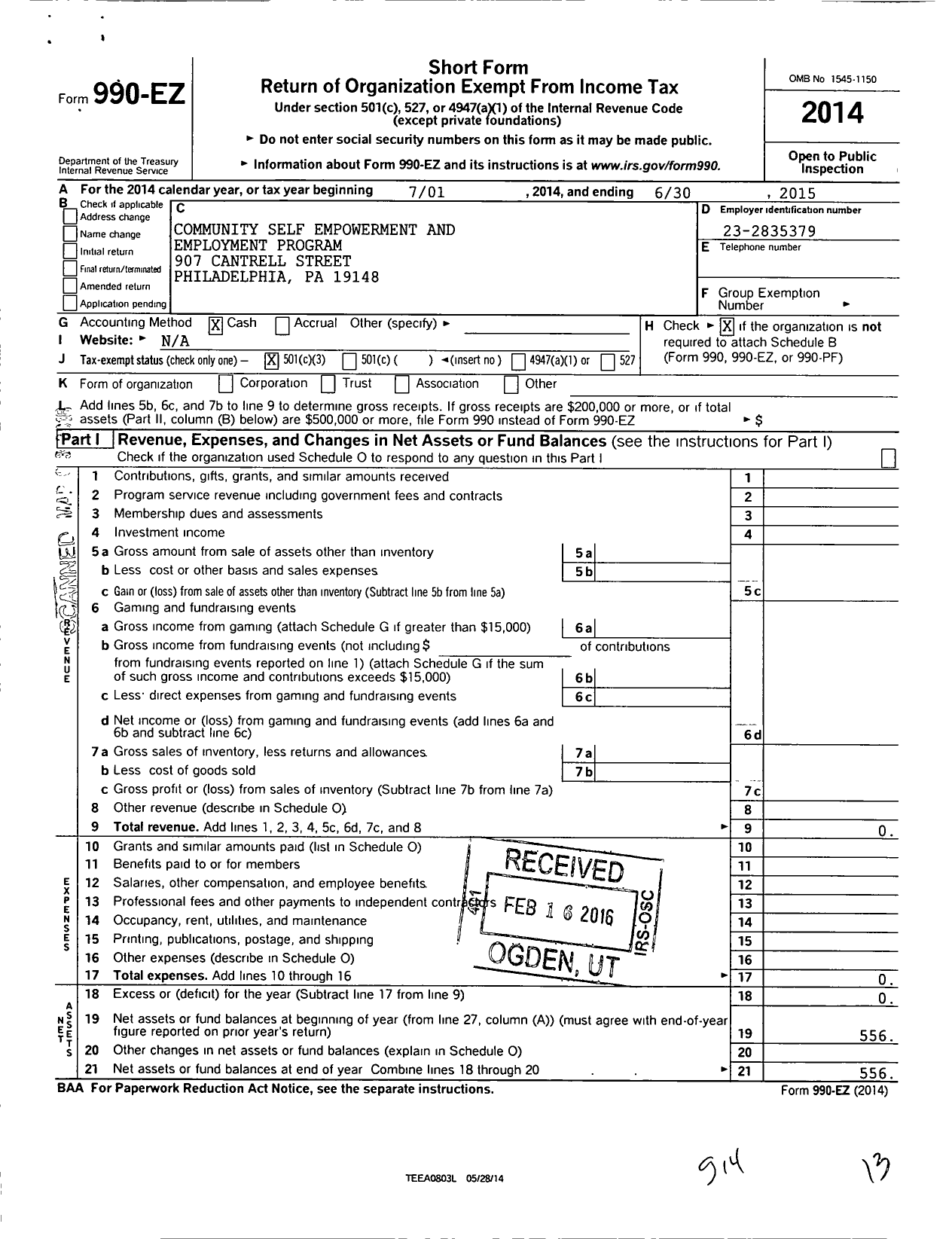 Image of first page of 2014 Form 990EZ for Community Self Empowerment and Employment Program