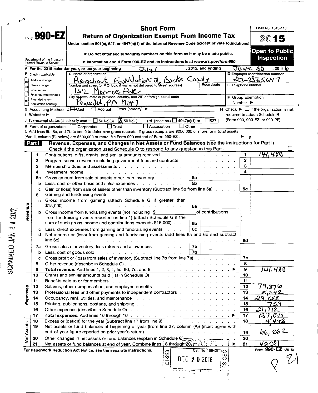 Image of first page of 2015 Form 990EO for Reach Out Foundation of Bucks Cty