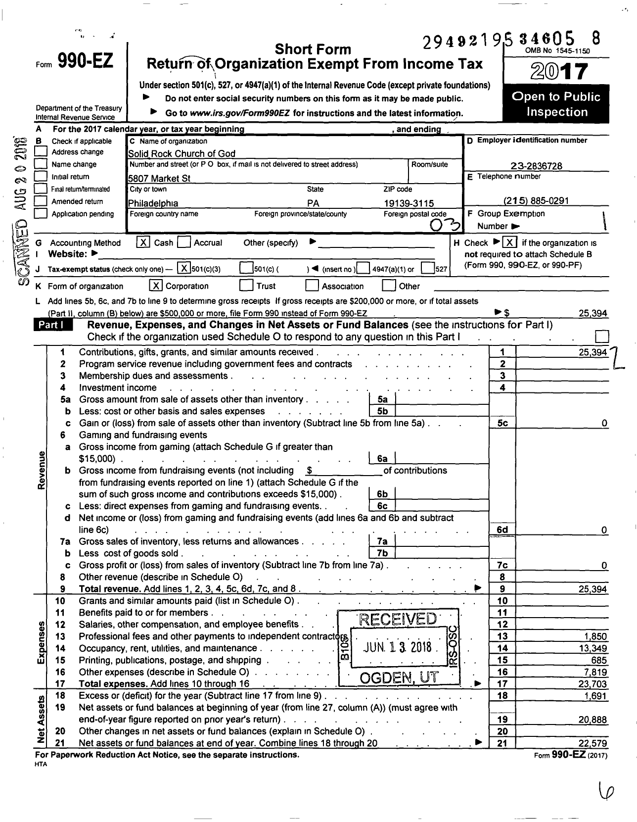 Image of first page of 2017 Form 990EZ for Solid Rock Church of God