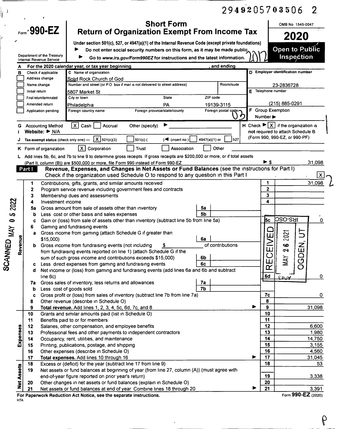 Image of first page of 2020 Form 990EZ for Solid Rock Church of God