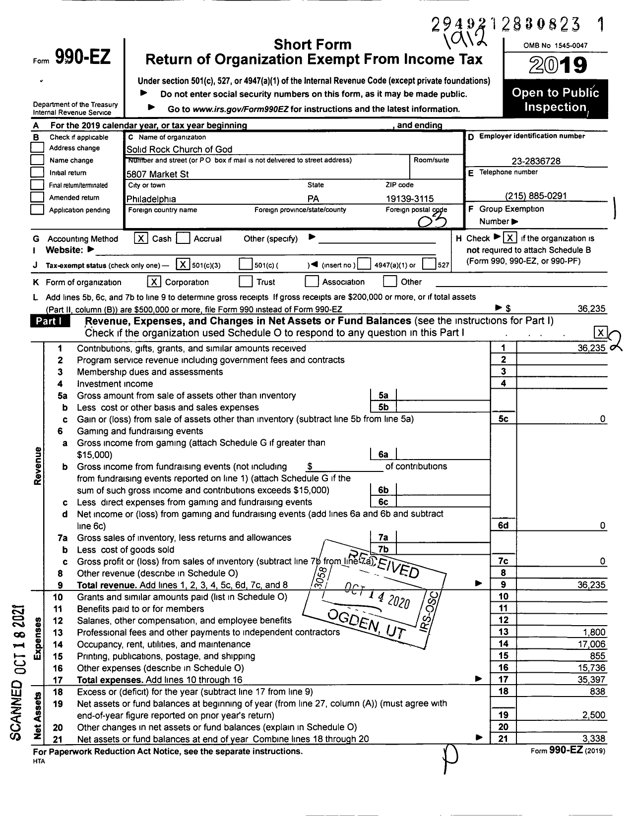 Image of first page of 2019 Form 990EZ for Solid Rock Church of God