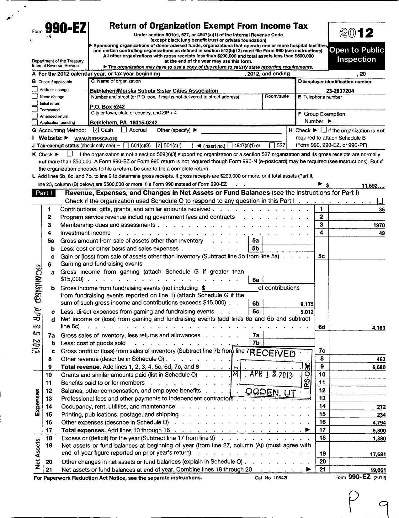 Image of first page of 2012 Form 990EO for Bethlehem Murska Sobota Sister Cities Assocation