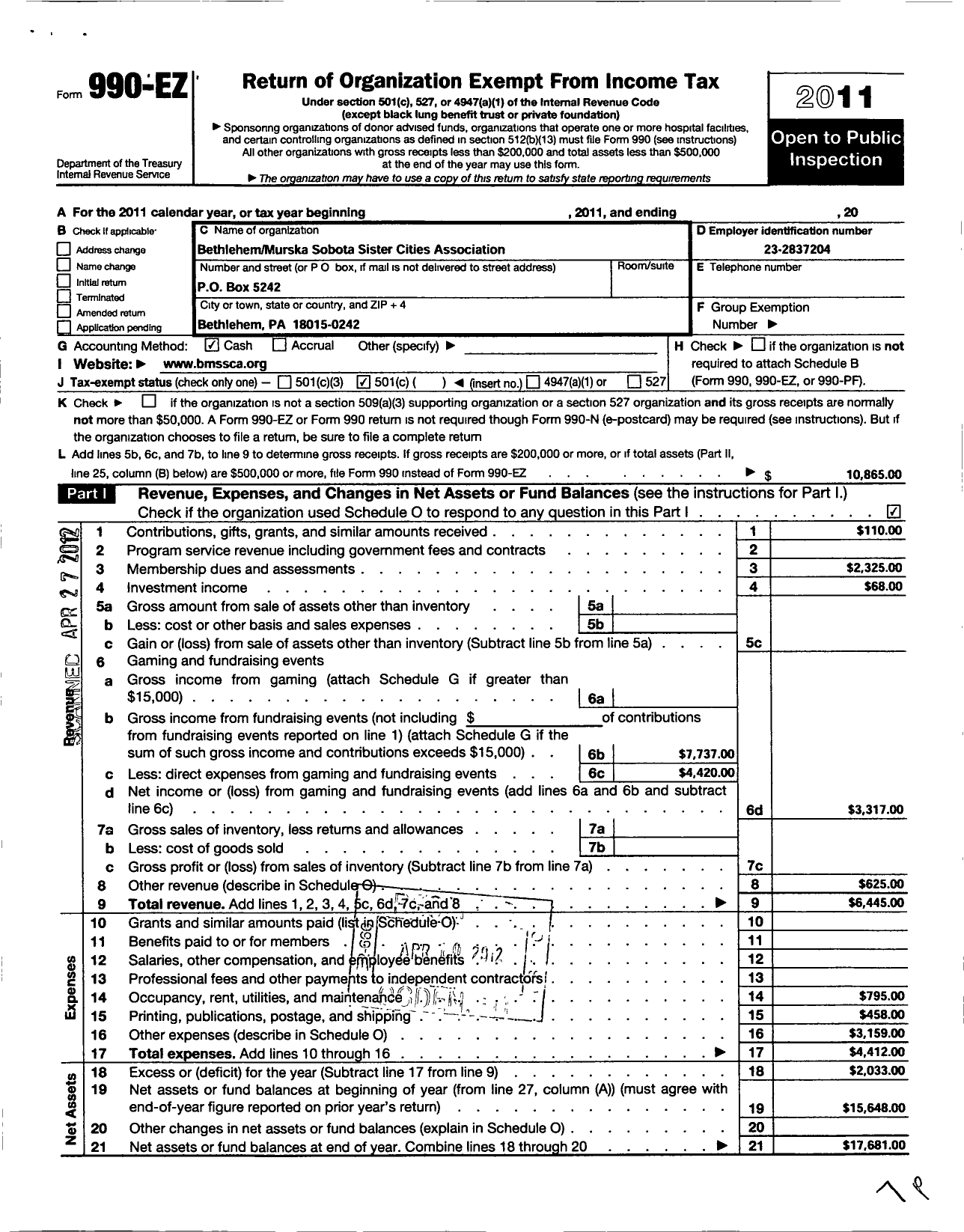 Image of first page of 2011 Form 990EO for Bethlehem Murska Sobota Sister Cities Assocation