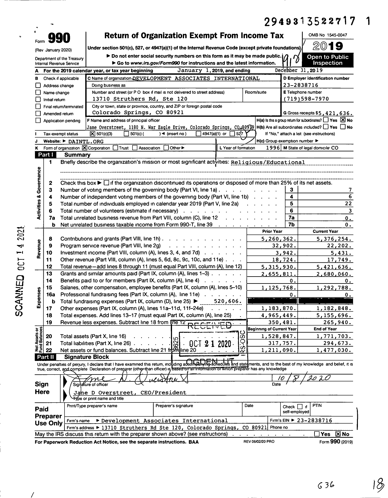 Image of first page of 2019 Form 990 for Development Associates International (DAI)