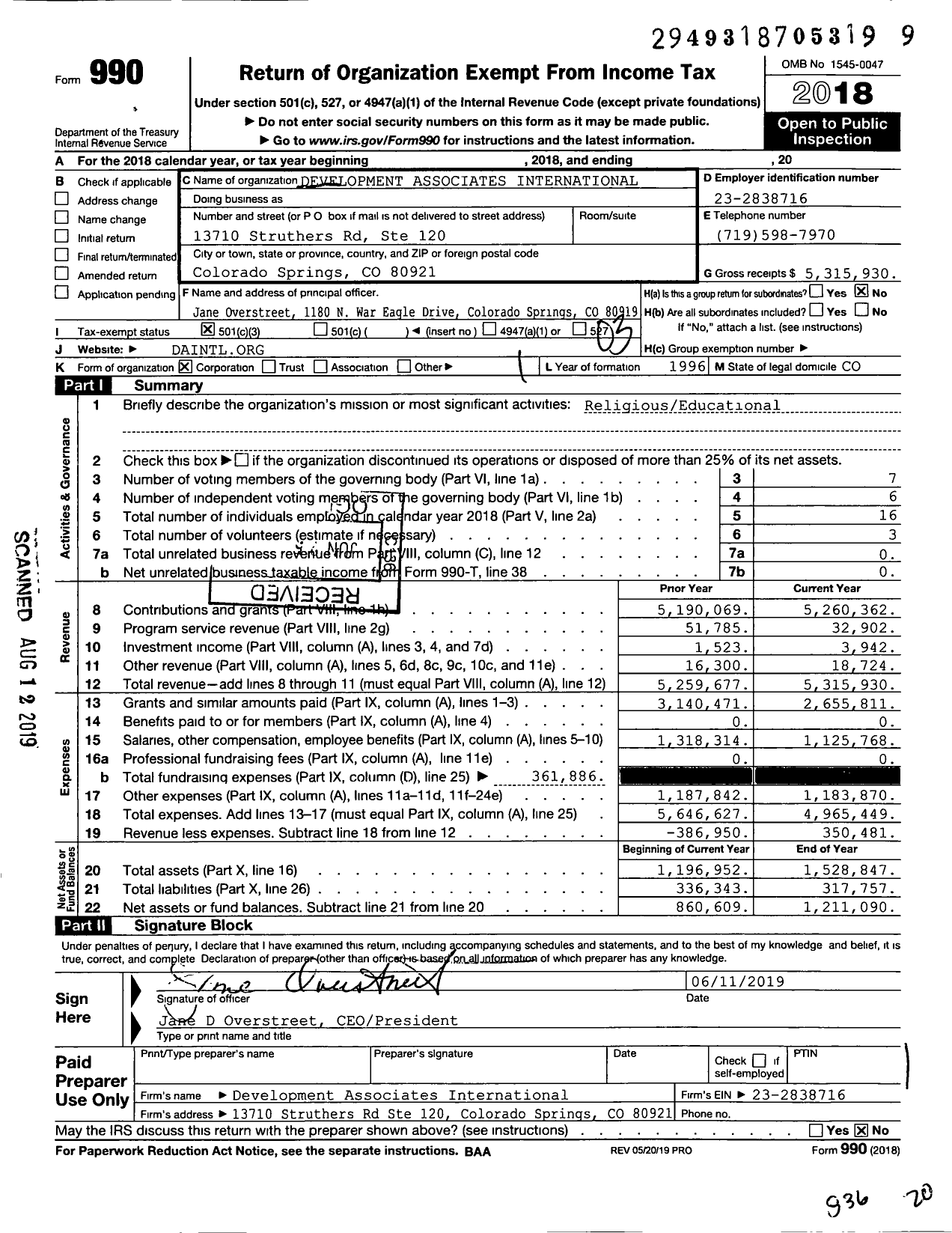 Image of first page of 2018 Form 990 for Development Associates International (DAI)