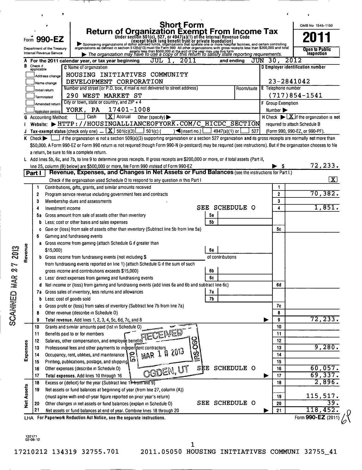 Image of first page of 2011 Form 990EZ for Housing Initiatives Community Development Corporation