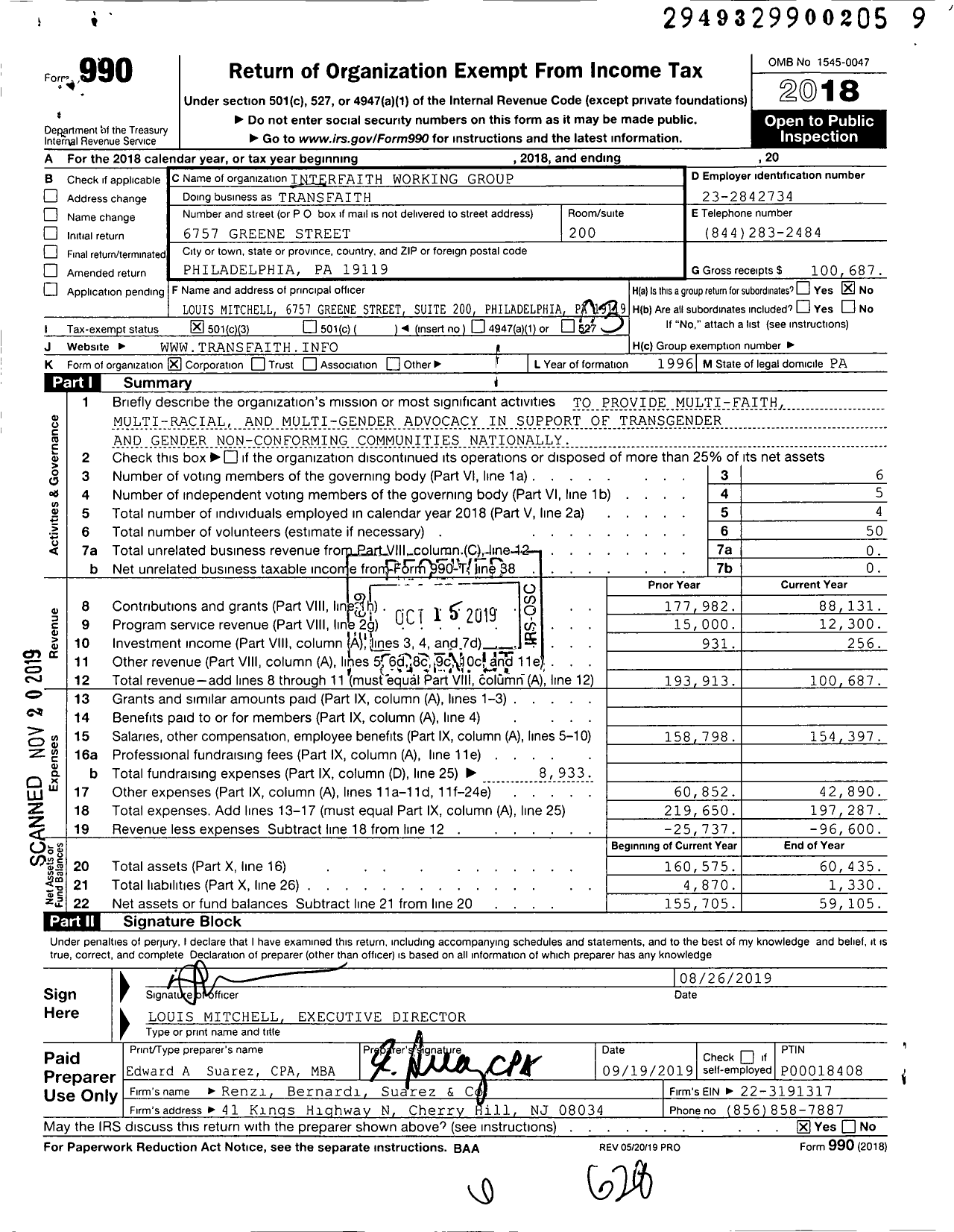 Image of first page of 2018 Form 990 for Transfaith