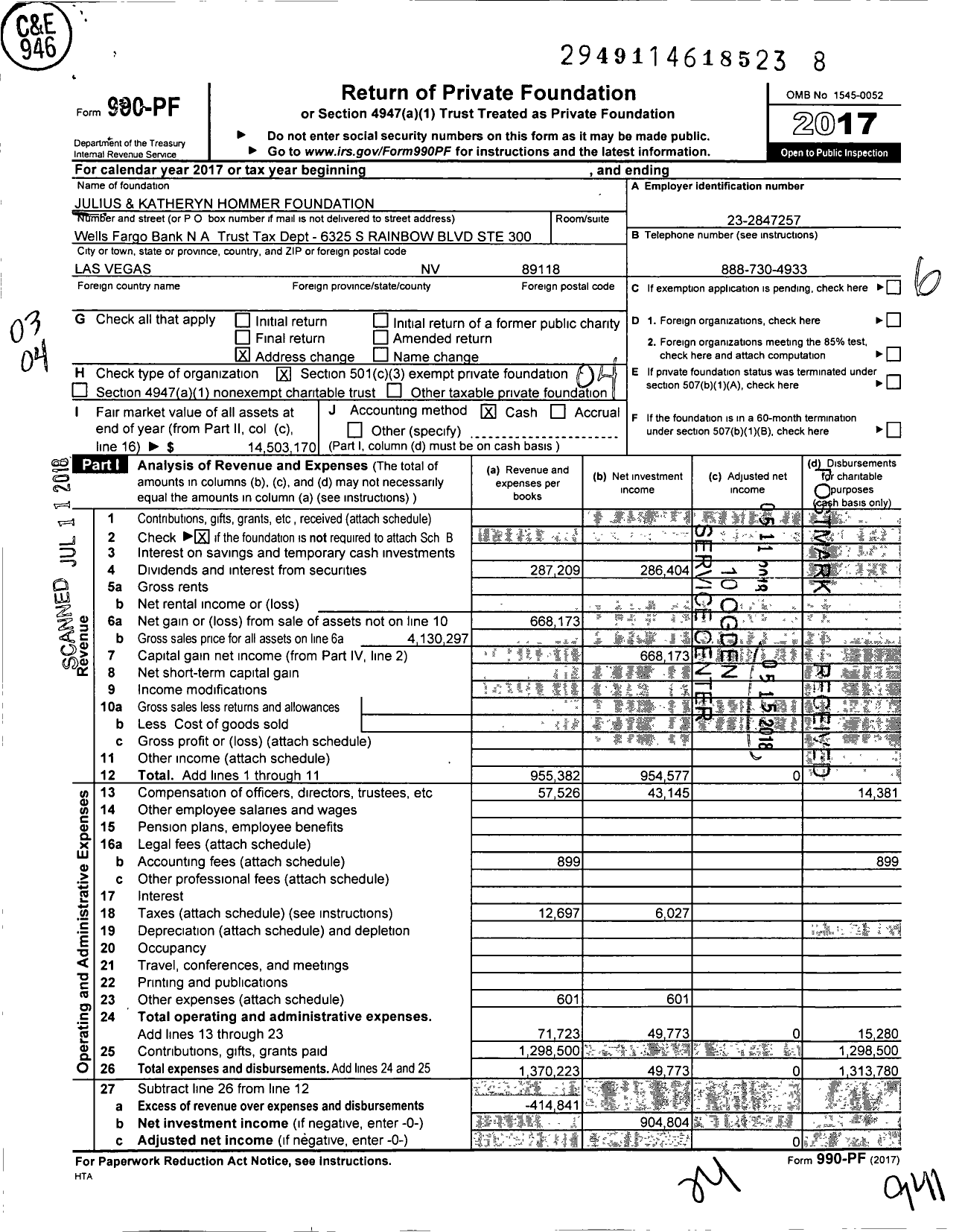 Image of first page of 2017 Form 990PF for Julius and Katheryn Hommer Foundation