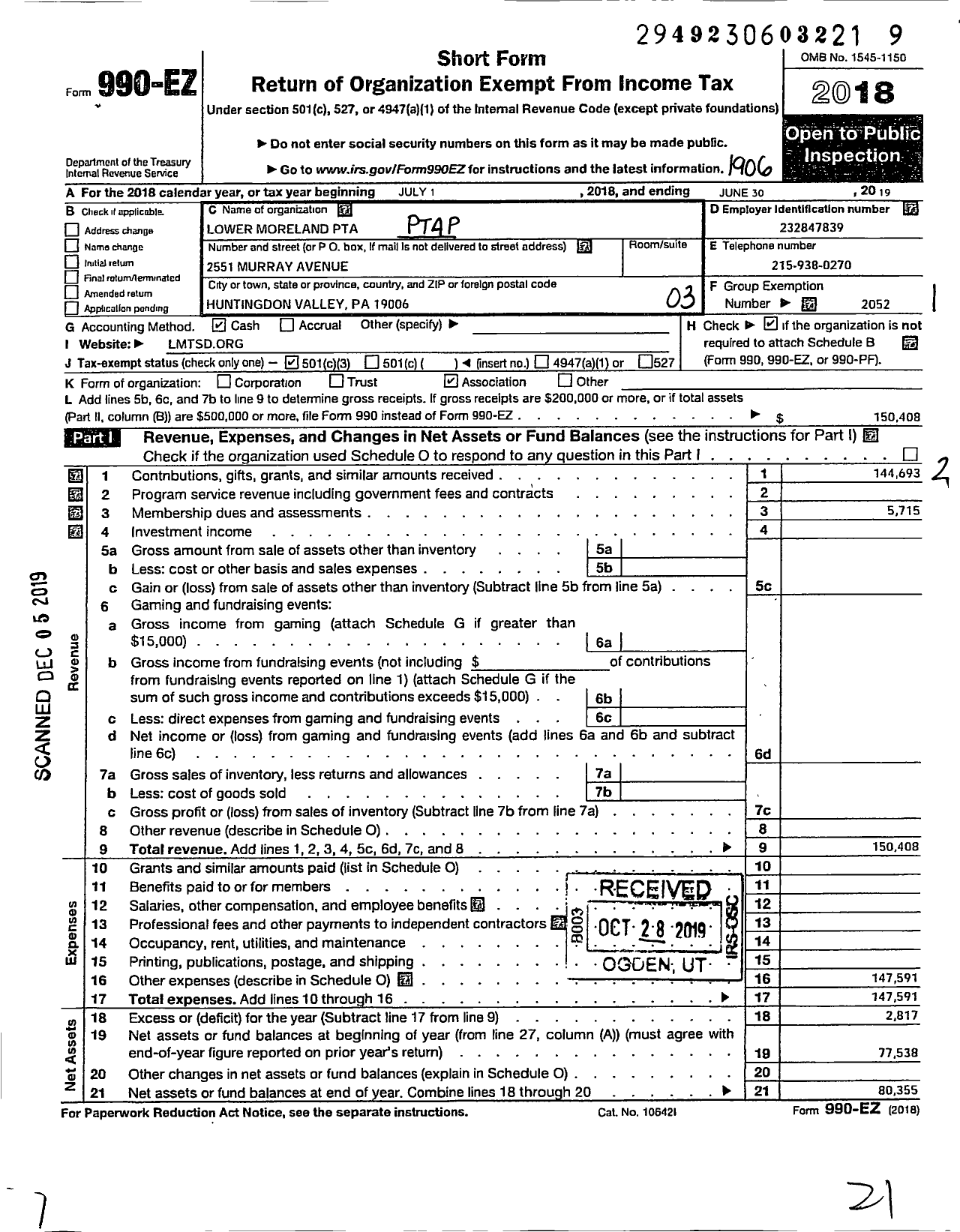 Image of first page of 2018 Form 990EZ for Lower Moreland PTA