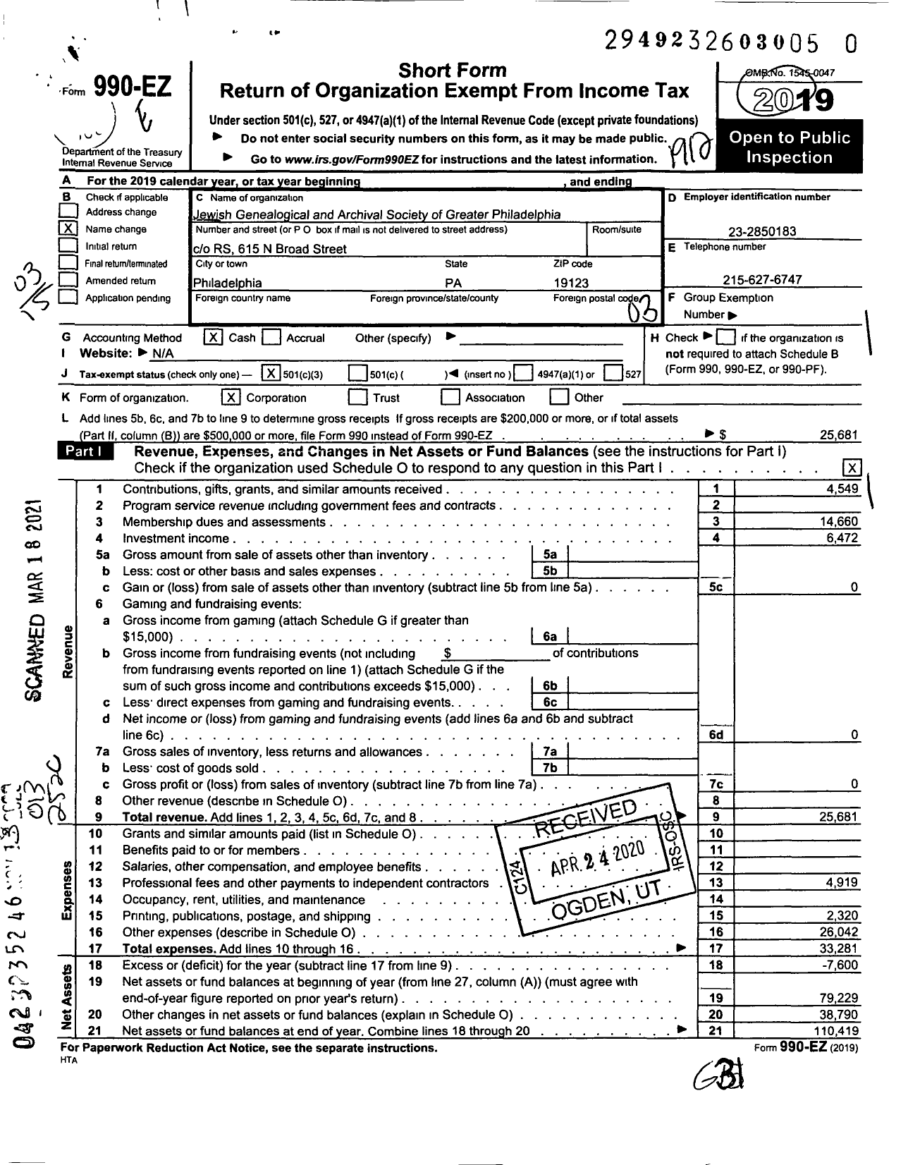 Image of first page of 2019 Form 990EZ for Jewish Genealogical and Archival Society of Greater Philadelphia