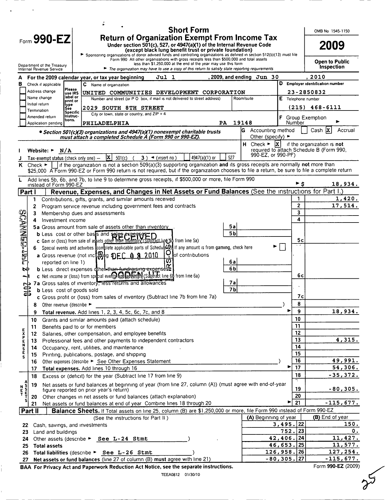 Image of first page of 2009 Form 990EZ for United Communities Community Development Corporation