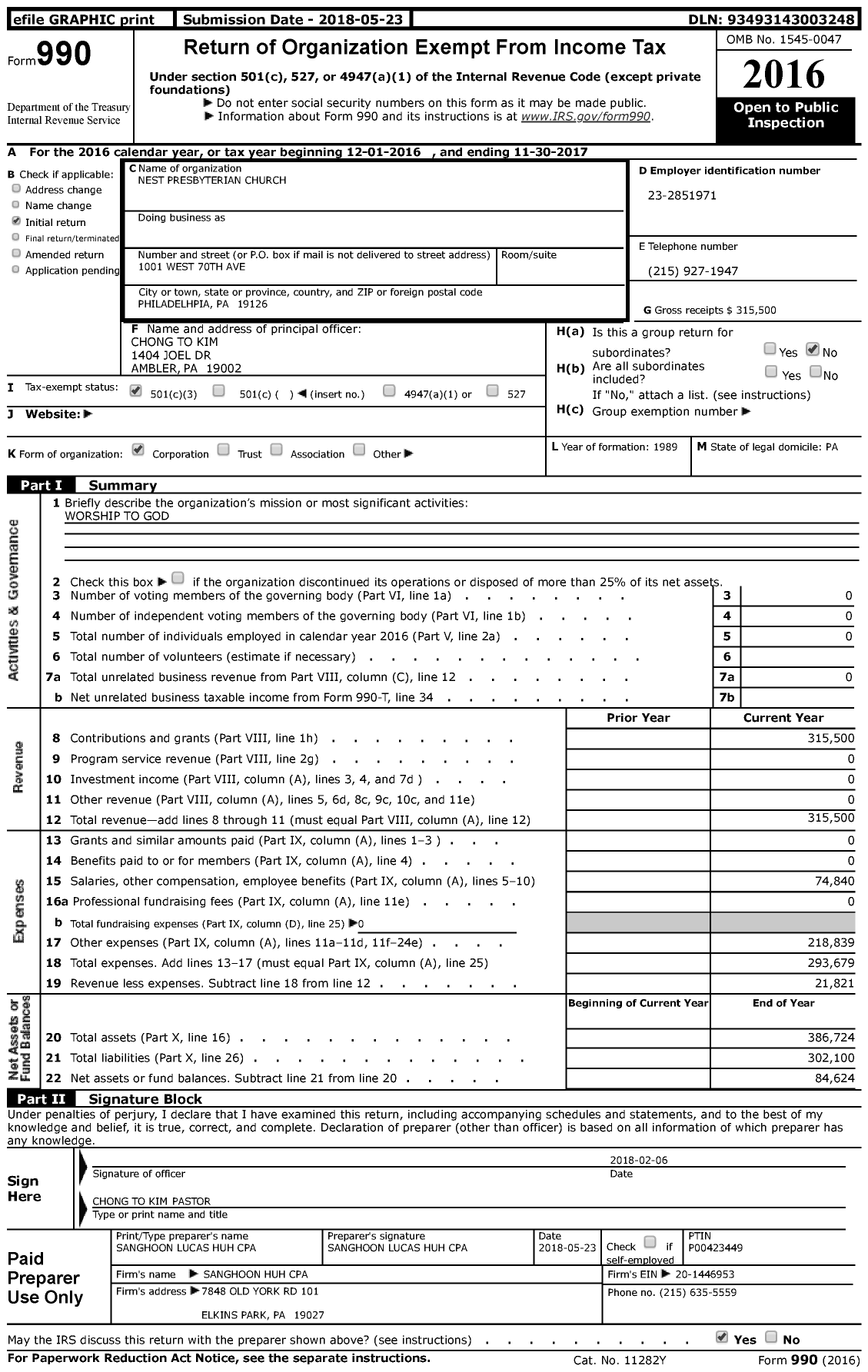 Image of first page of 2016 Form 990 for Nest Presbyterian Church