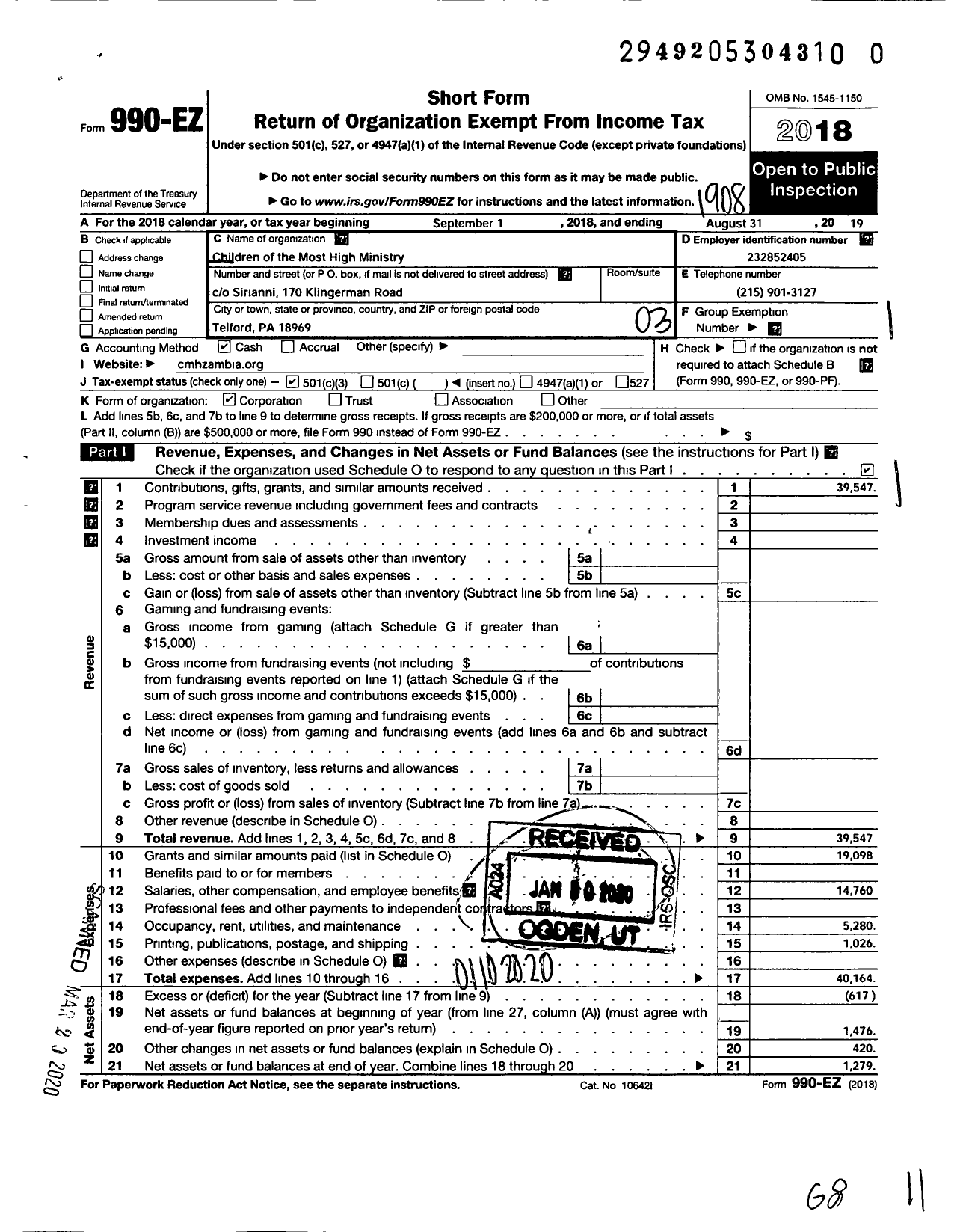 Image of first page of 2018 Form 990EZ for Children of the Most High Ministry