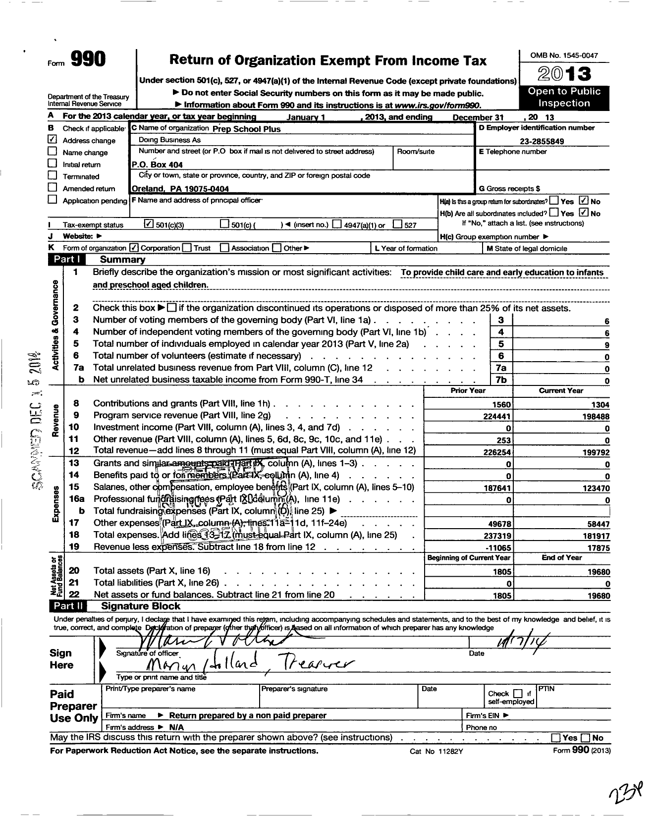 Image of first page of 2013 Form 990 for Pre School Plus