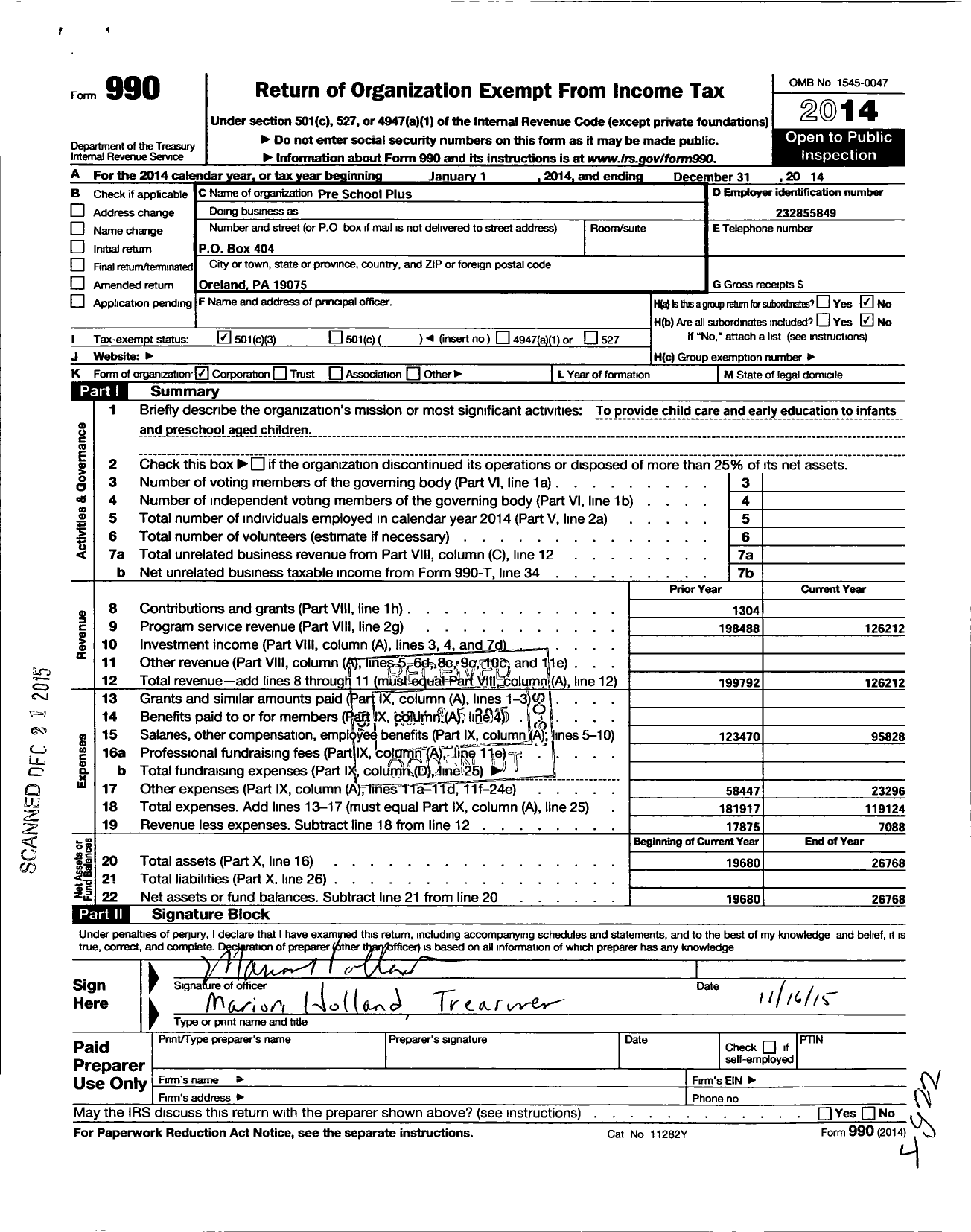 Image of first page of 2014 Form 990 for Pre School Plus