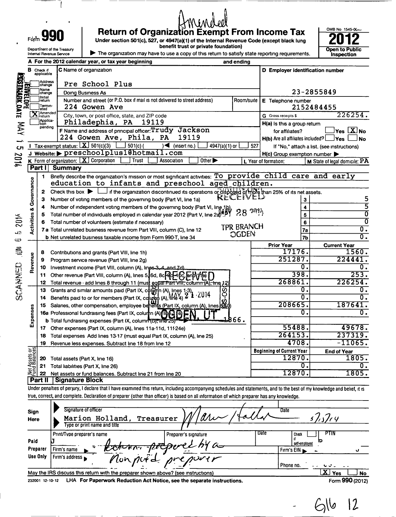 Image of first page of 2012 Form 990 for Pre School Plus