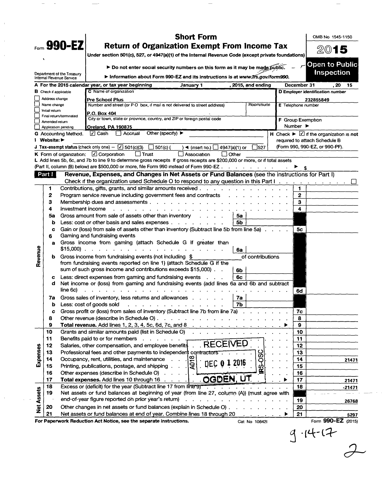 Image of first page of 2015 Form 990EZ for Pre School Plus