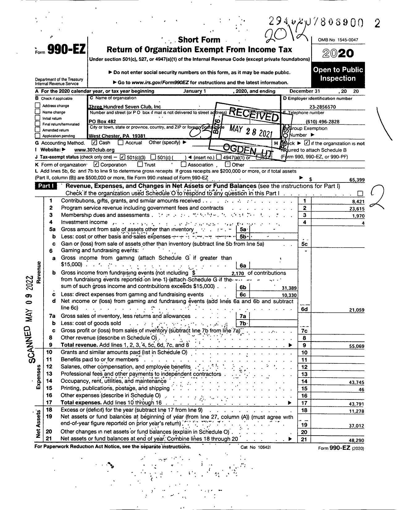 Image of first page of 2020 Form 990EZ for Three Hundred Seven Club