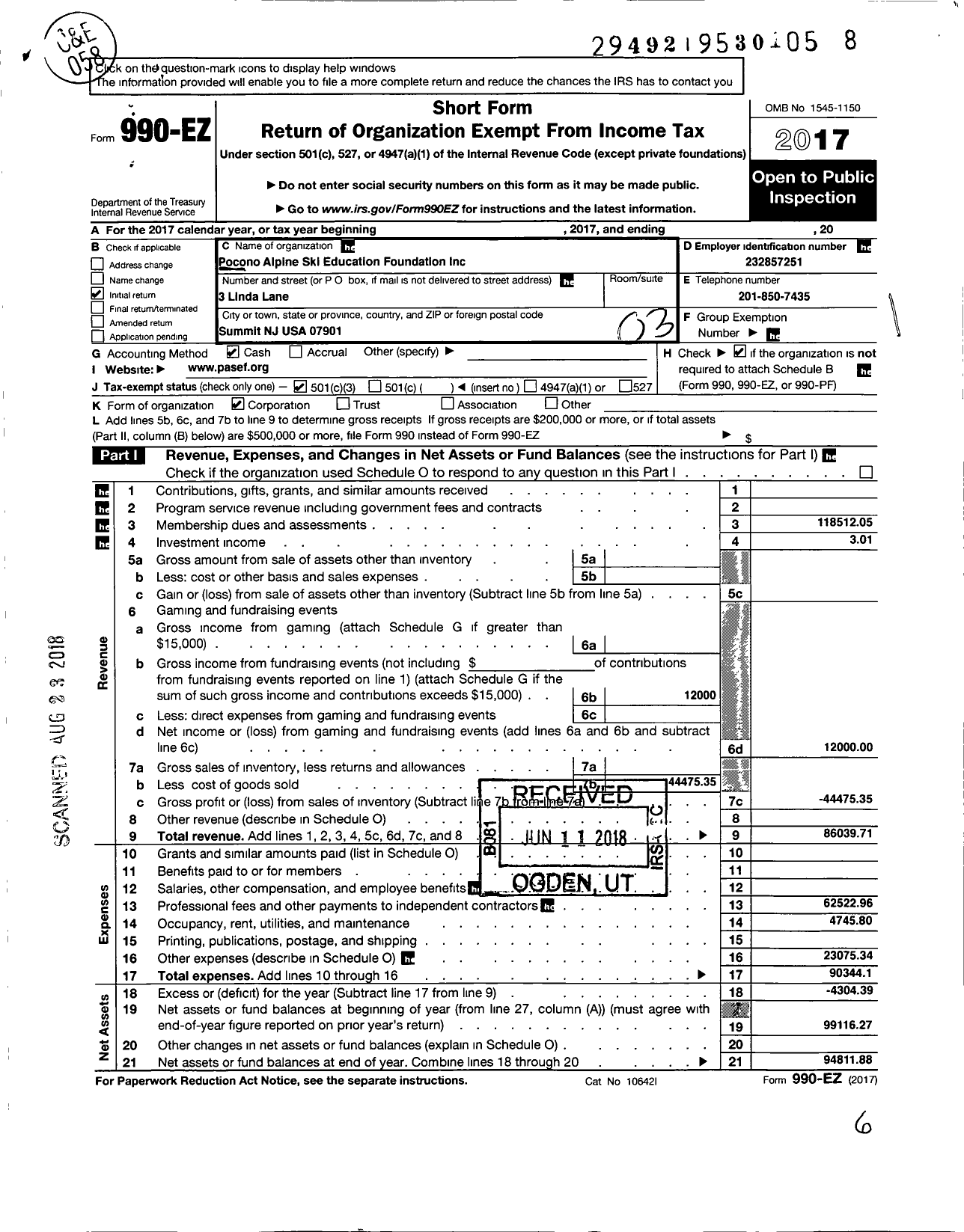 Image of first page of 2017 Form 990EZ for Pocono Alpine Ski Educational Foundation