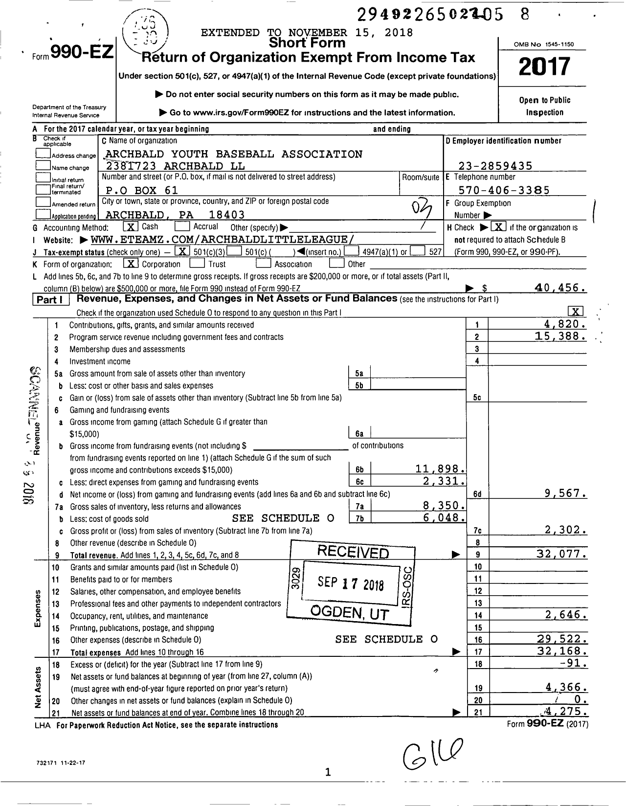 Image of first page of 2017 Form 990EZ for Little League Baseball - 2381723 Archbald LL