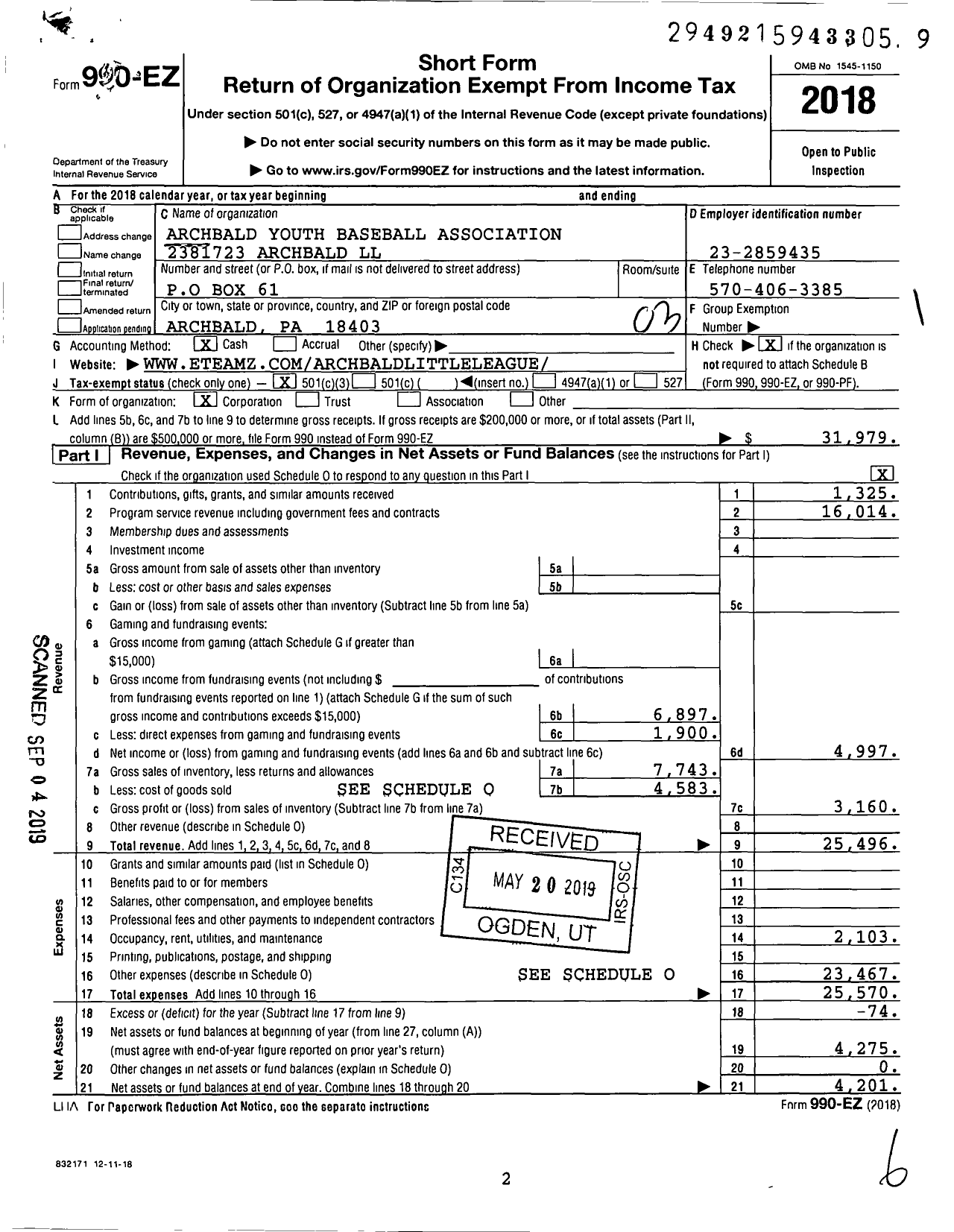 Image of first page of 2018 Form 990EZ for Little League Baseball - 2381723 Archbald LL