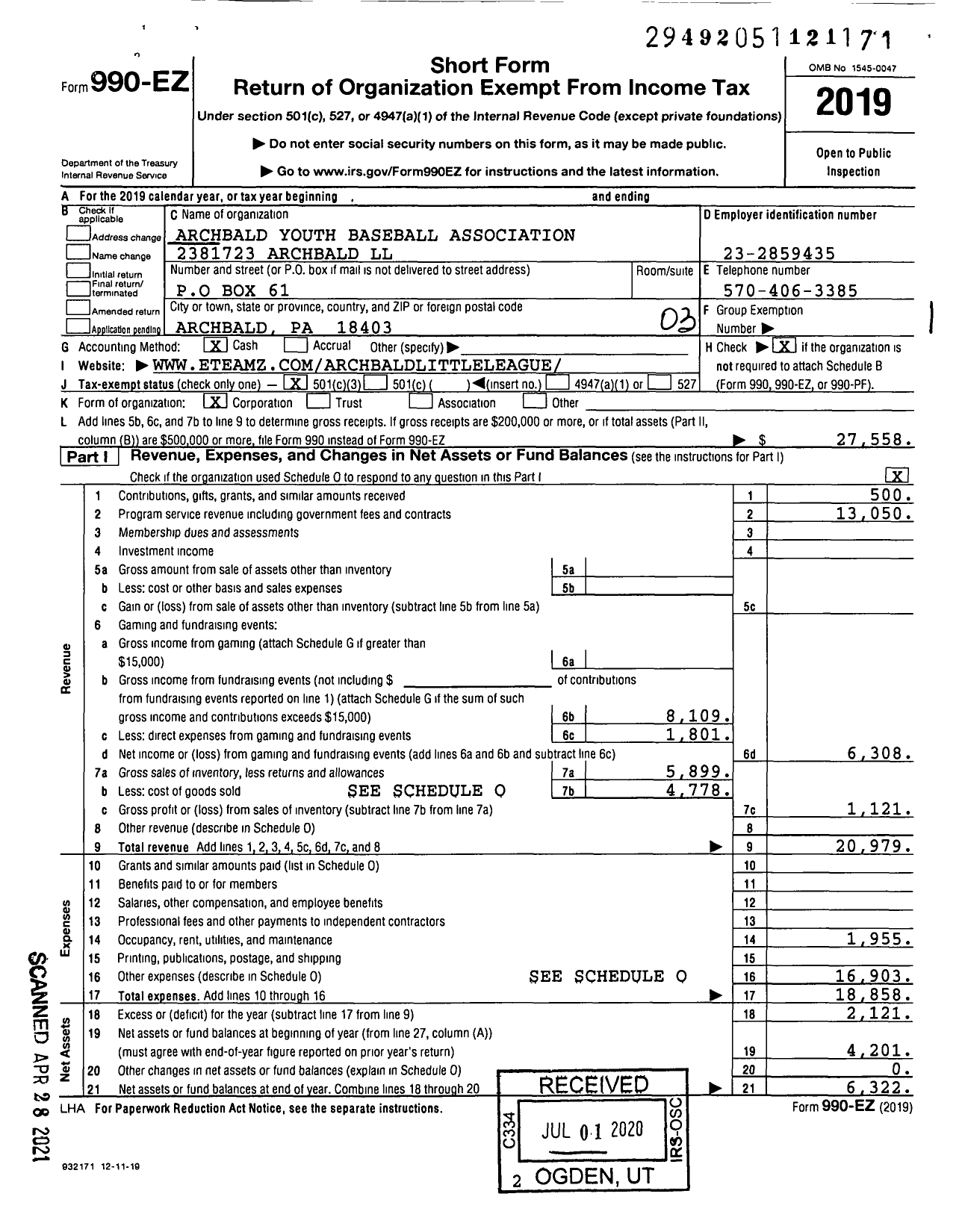 Image of first page of 2019 Form 990EZ for Little League Baseball - 2381723 Archbald LL