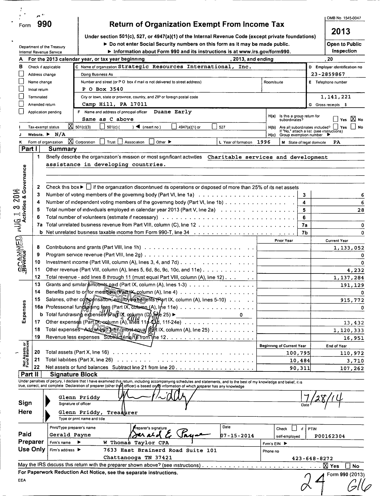 Image of first page of 2013 Form 990 for Strategic Resources International