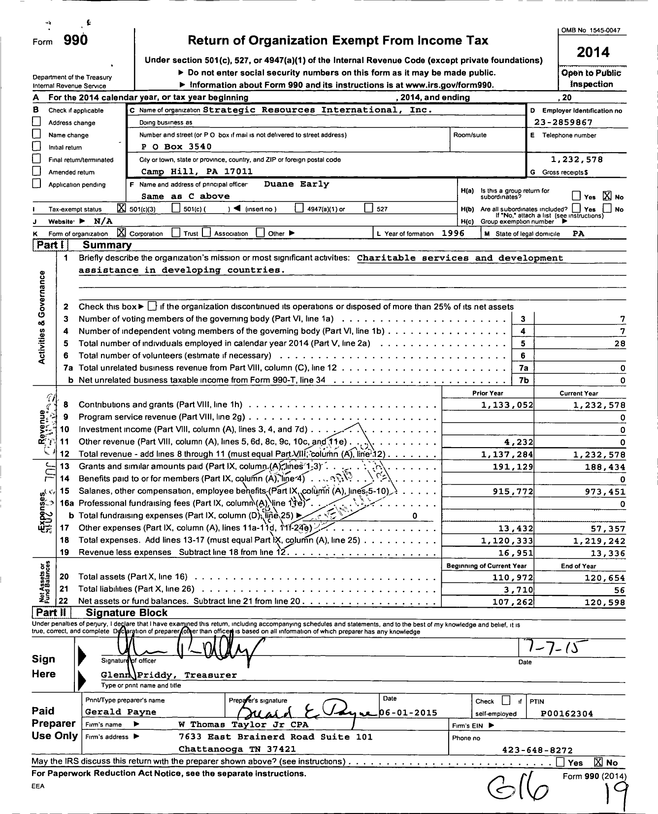 Image of first page of 2014 Form 990 for Strategic Resources International