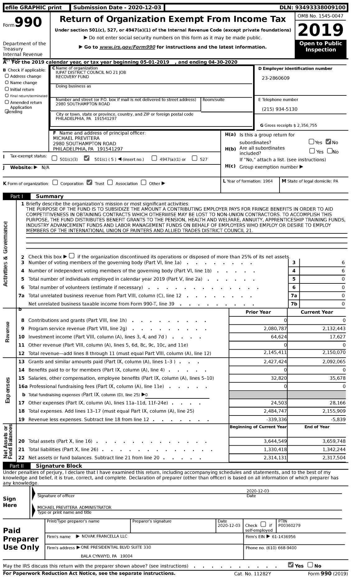 Image of first page of 2019 Form 990 for IUPAT District Council No 21 Job Recovery Fund