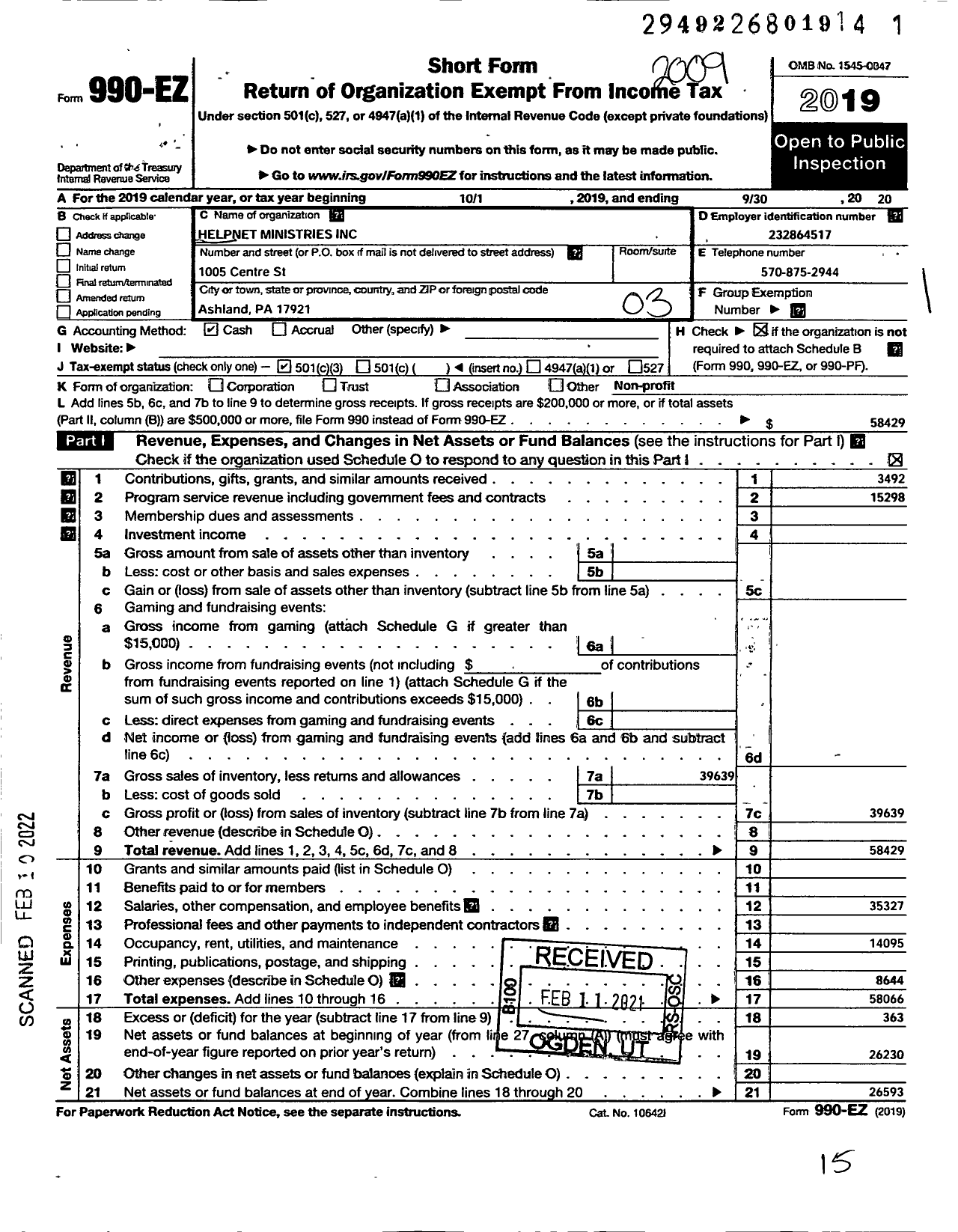 Image of first page of 2019 Form 990EZ for Help Net Ministries