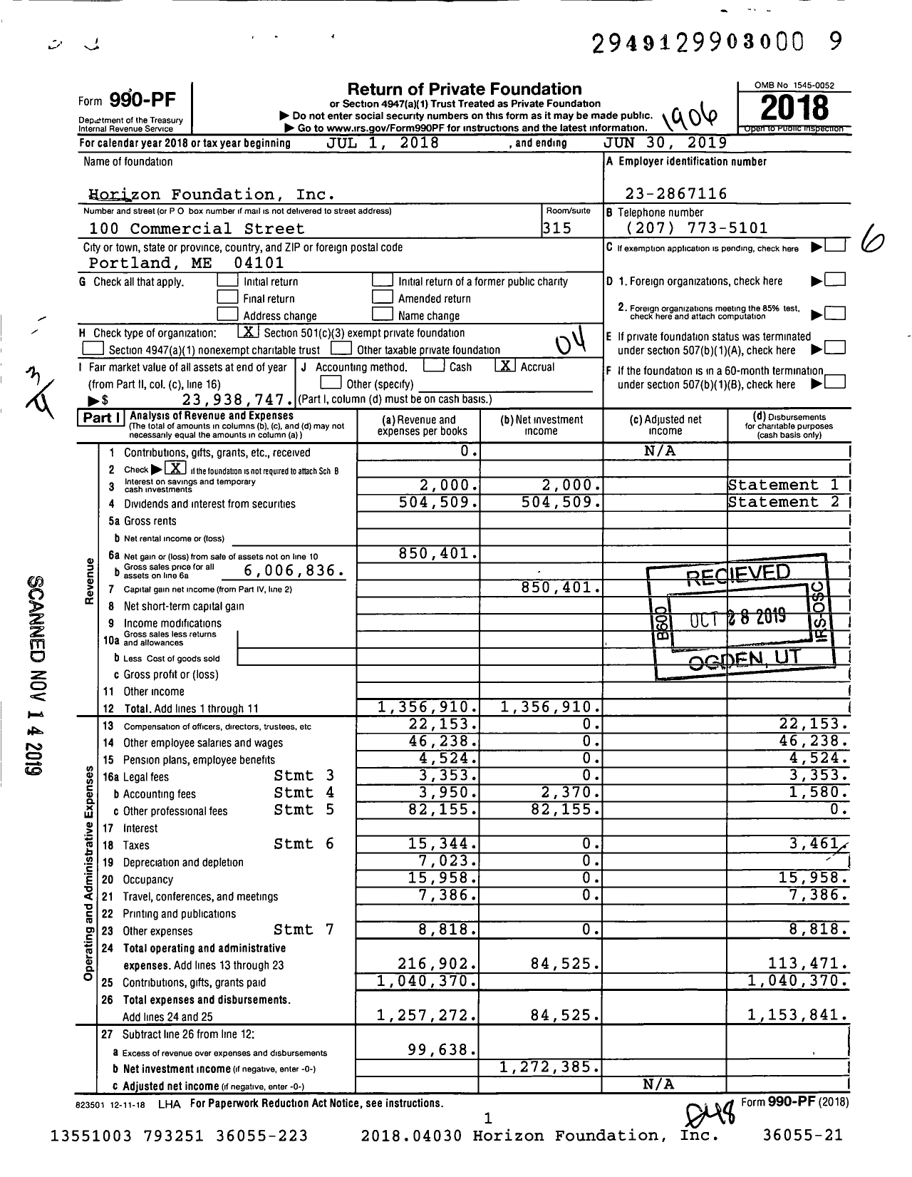 Image of first page of 2018 Form 990PF for Horizon Foundation