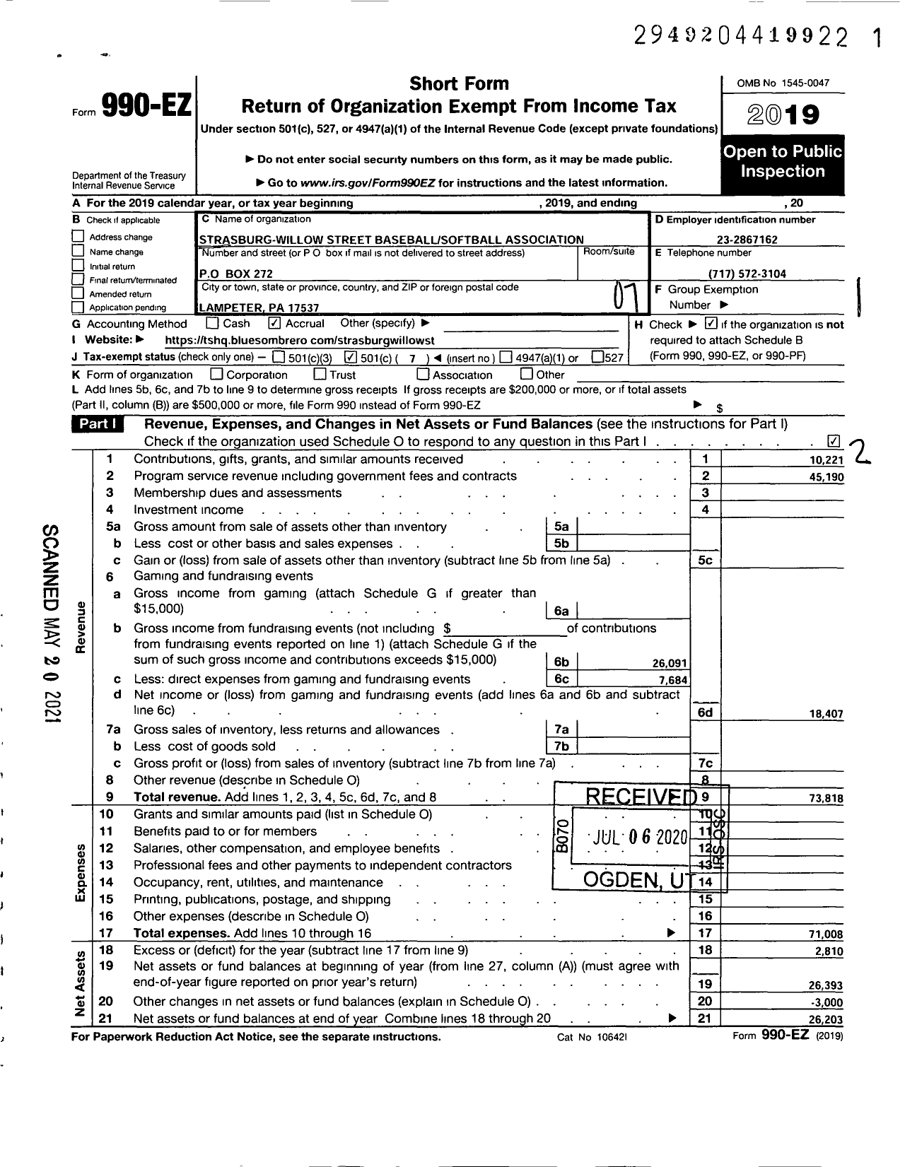 Image of first page of 2019 Form 990EO for Willow Street Baseball-Softball Association