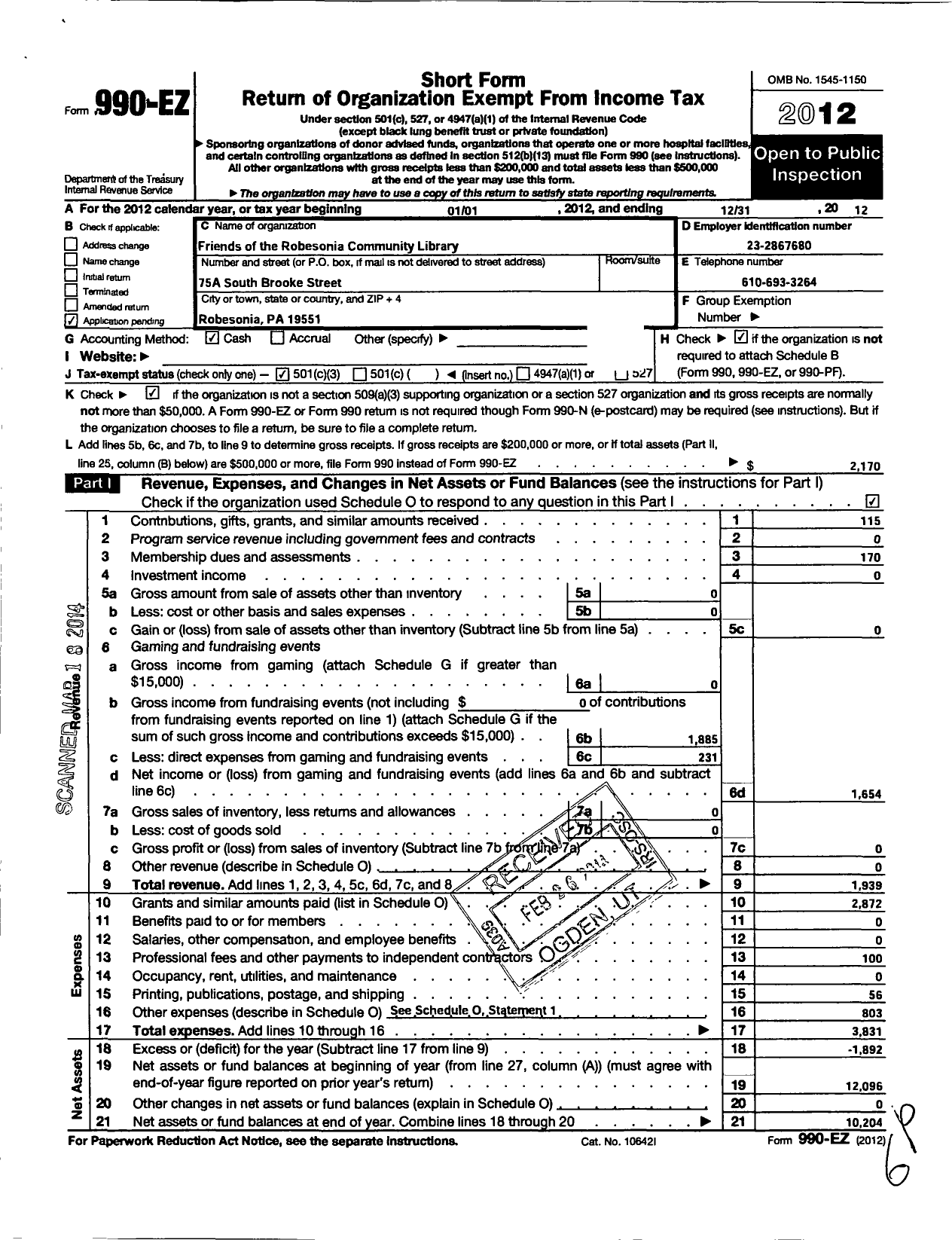 Image of first page of 2012 Form 990EZ for Friends of the Robesonia Community Library