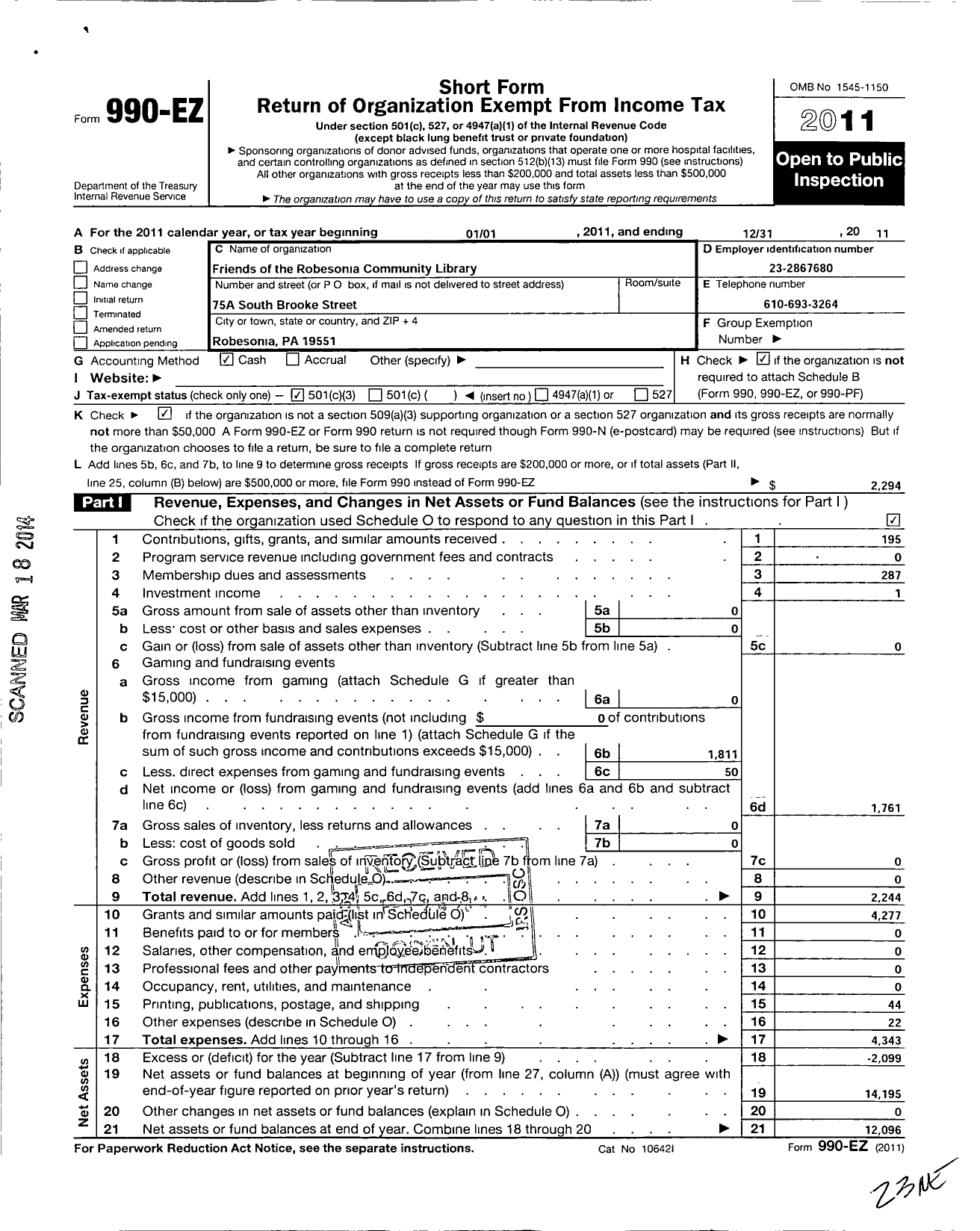 Image of first page of 2011 Form 990EZ for Friends of the Robesonia Community Library