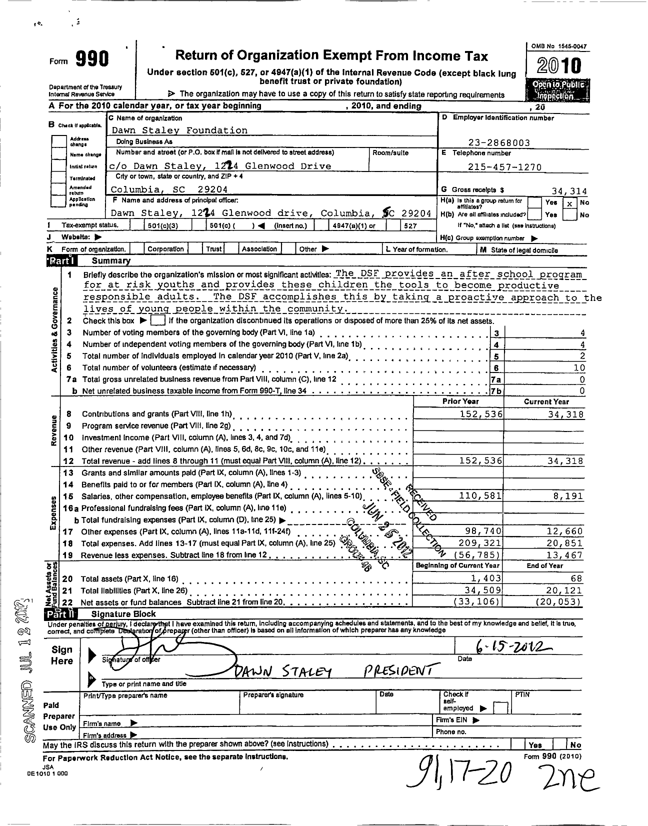 Image of first page of 2010 Form 990O for Dawn Staley Foundation