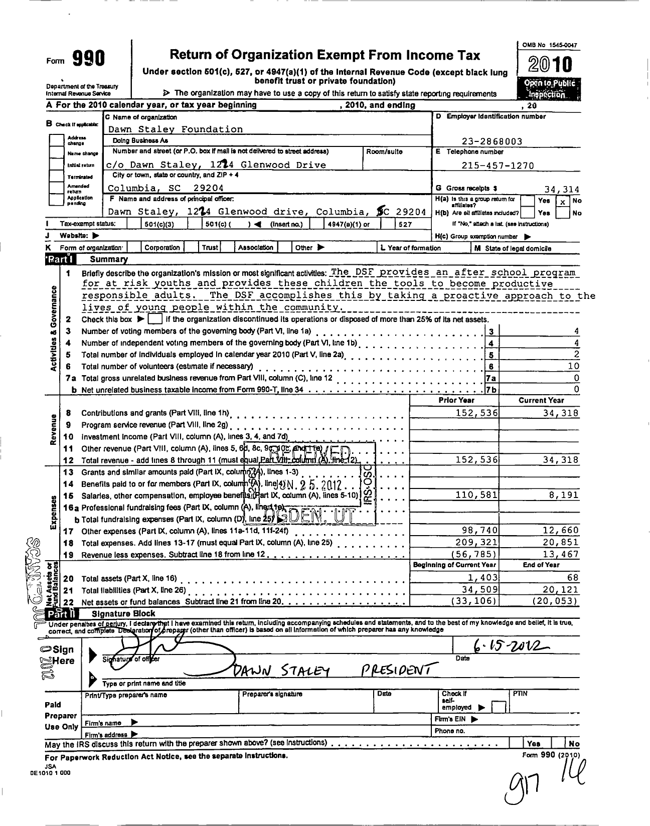 Image of first page of 2010 Form 990O for Dawn Staley Foundation