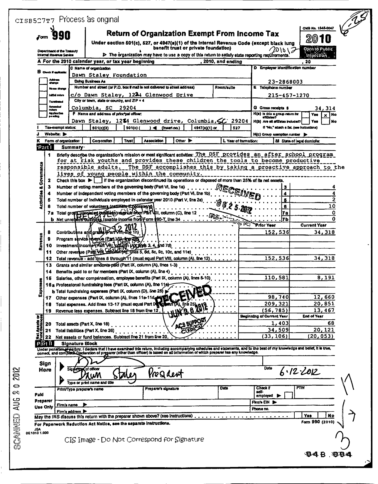 Image of first page of 2010 Form 990O for Dawn Staley Foundation