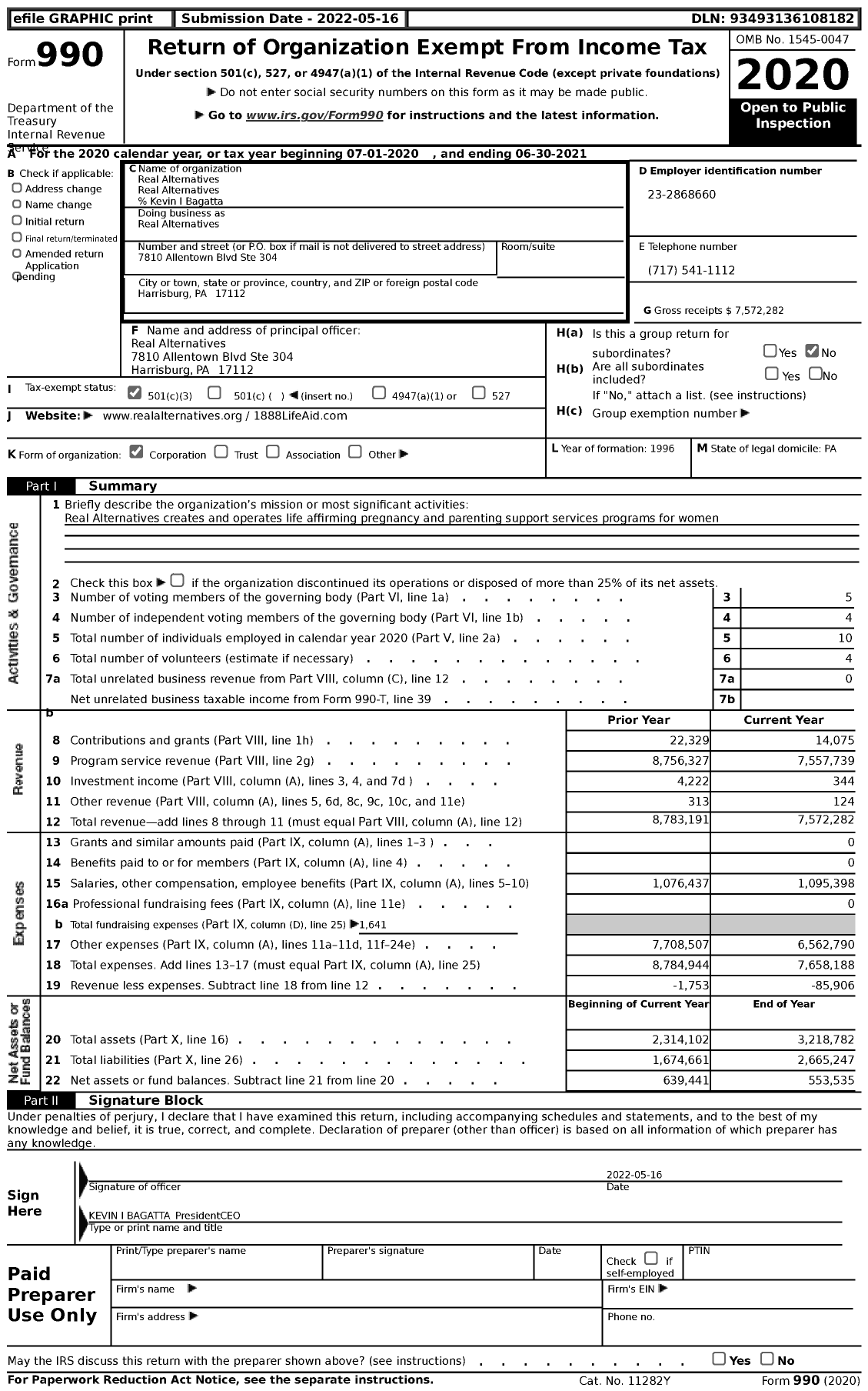 Image of first page of 2020 Form 990 for Real Alternatives Real Alternatives