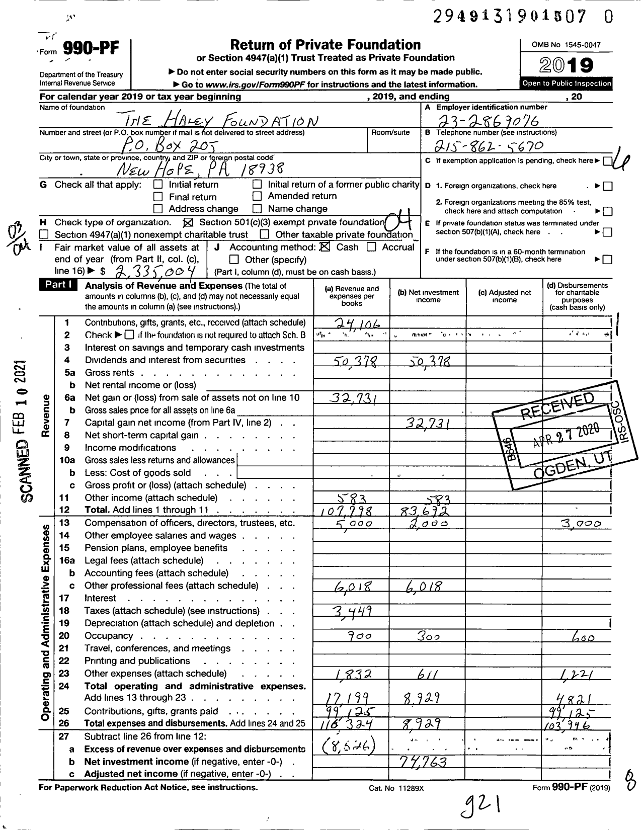 Image of first page of 2019 Form 990PF for The Haley Foundation