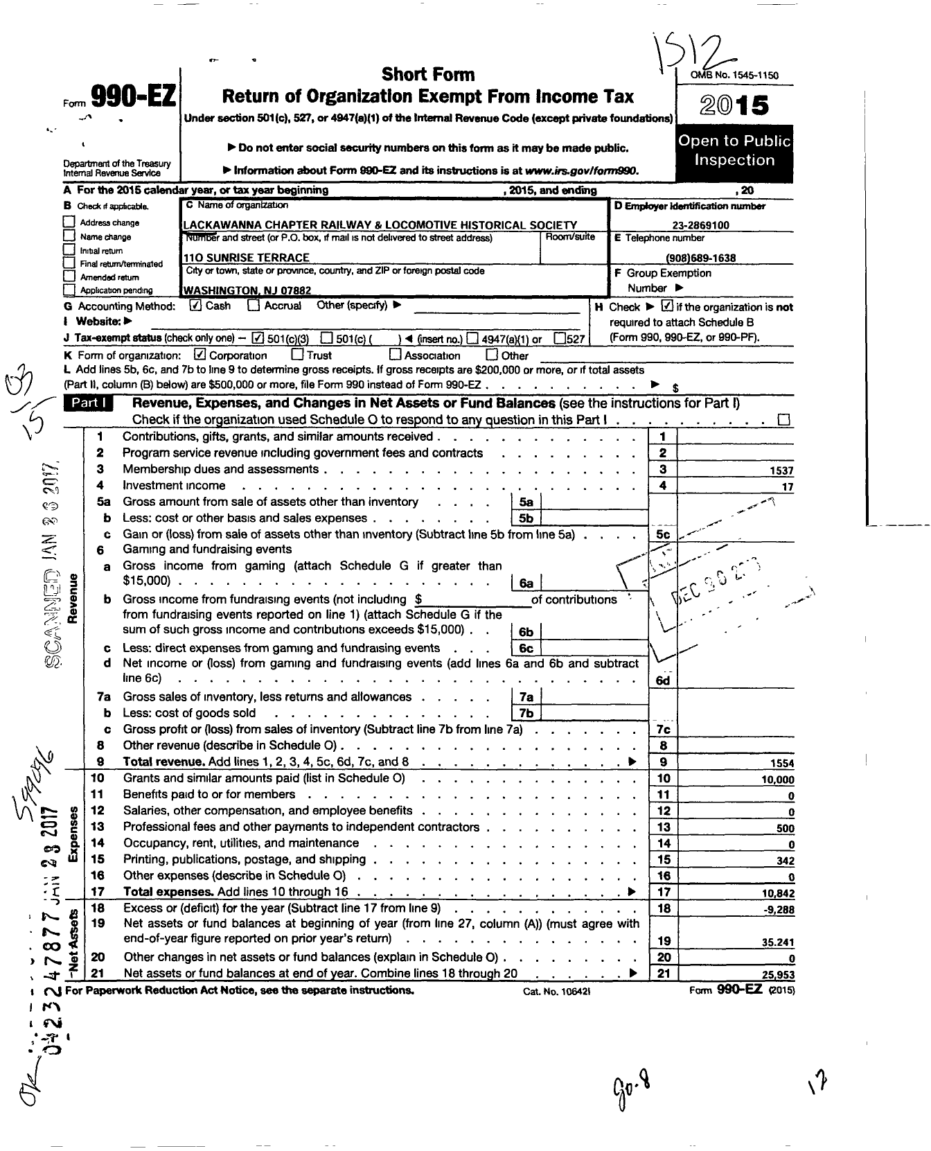 Image of first page of 2015 Form 990EZ for Lackawanna Chapter of the Railway and Locomotive Historical Societyy