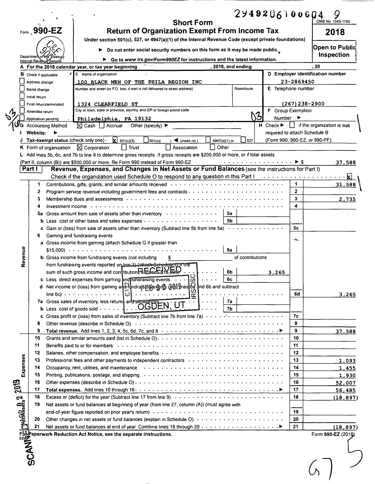 Image of first page of 2018 Form 990EZ for 100 Black Men of the Philadelphia Region