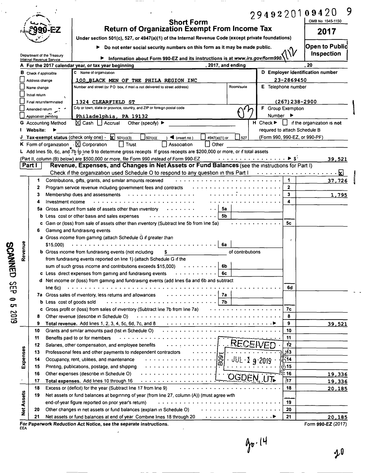 Image of first page of 2017 Form 990EZ for 100 Black Men of the Philadelphia Region